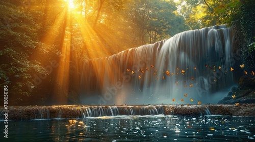 Tranquil Waterfall Nature Scene with Sunlight and Butterflies