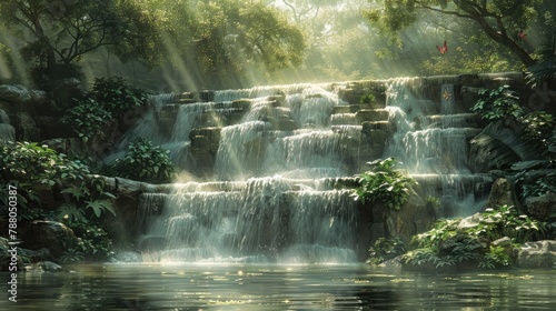 Tranquil Waterfall in Lush Green Environment