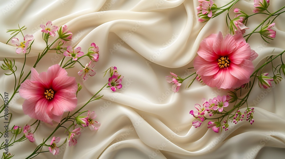 Pink flowers on creamy satin