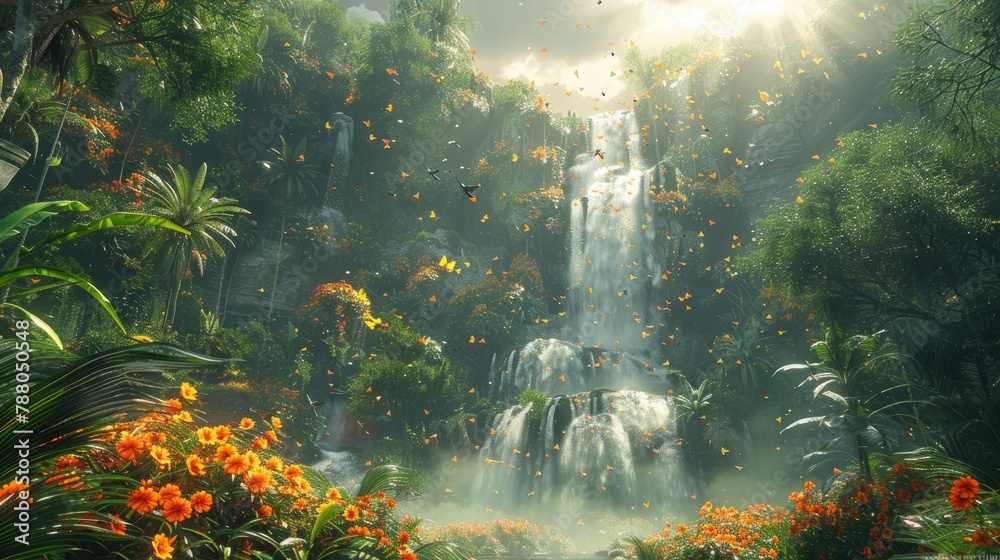 Tropical Paradise with Serene Waterfall and Colorful Foliage