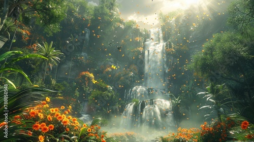 Tropical Paradise with Serene Waterfall and Colorful Foliage © Настя Олейничук