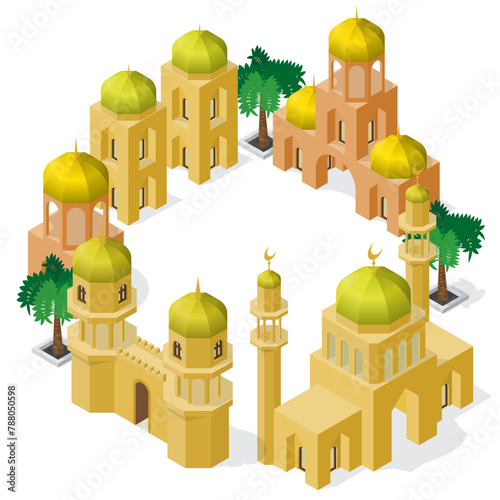 3D frame of isometric models with golden domes. Set of ancient buildings with empty space for text in the middle.