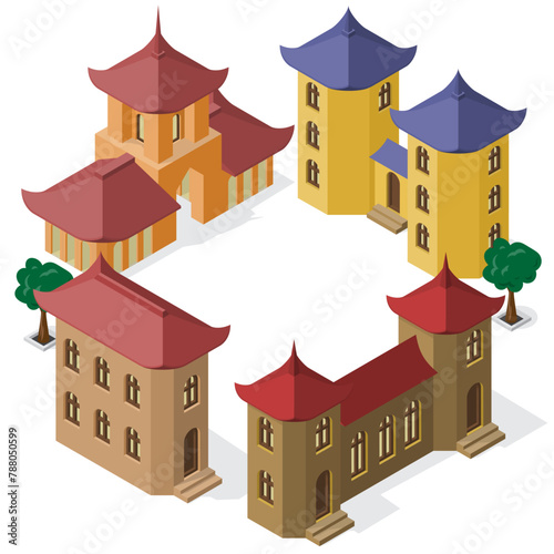 3D frame of isometric architectural models. Set of asian buildings with empty space for text in the middle.