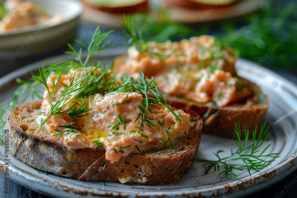 Homemade smoked salmon spread on brown bread with dill Homemade smoked salmon spread on brown bread with dill
