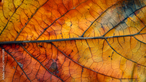 A leaf with a rainbow of colors is shown. The colors are red  orange  yellow  green  and blue. The leaf is in the middle of the image  and it is a close-up of the leaf