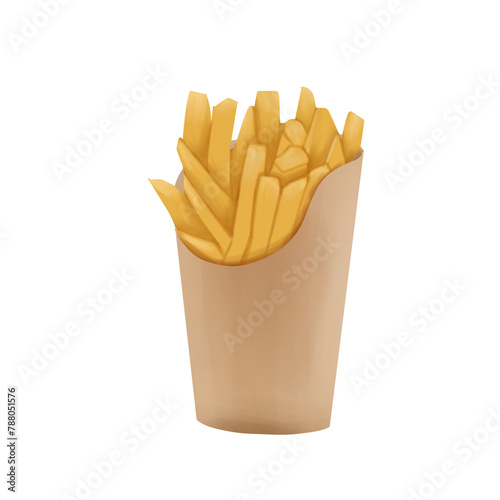 French fries illustration in brown paper packaging