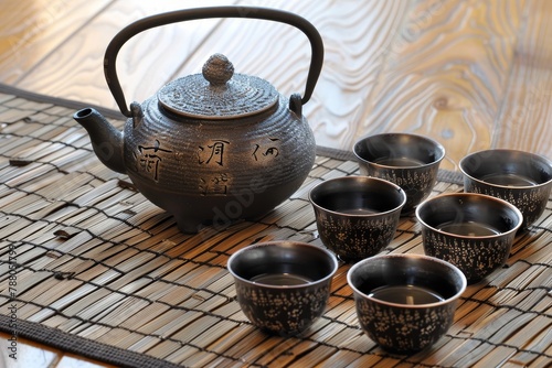 Hot teapot and cups on bamboo mat for Japanese tea