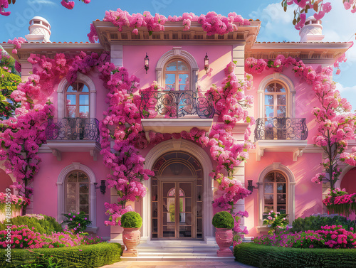 A pink villa with roses growing on the walls, the entrance is surrounded by flowers and plants, the ground covered in petals, dreamy and romantic. Created with Ai