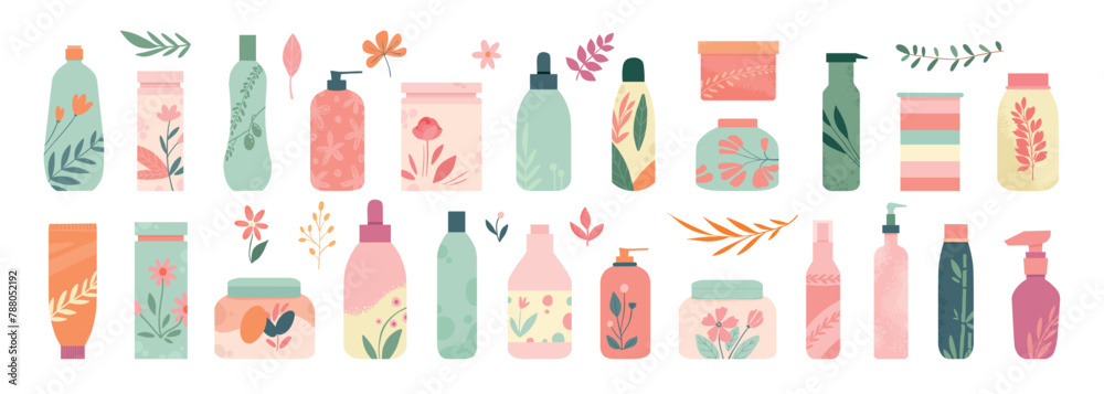 Organic skin care cosmetics. Beauty cream natural scrub and eco shampoo, make up products in different packaging. Vector bottles jars tubes for face moisturizing isolated set. Body lotion, oil Organic skin care cosmetics. Beauty cream natural scrub and eco shampoo, make up products in different packaging. Vector bottles jars tubes for face moisturizing isolated set. Body lotion, oil