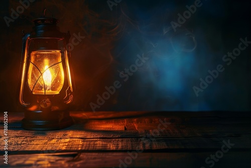 Hurricane lantern illuminating wooden table with warm reflecting light against dark background photo