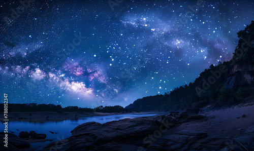 Milky Way Galaxy and Stars in Night Sky in mekong river