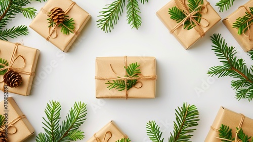 Craft gift boxes surrounded by thuja branches on a white background suggest a DIY eco-friendly concept. Boxing Day is also referenced in this scene