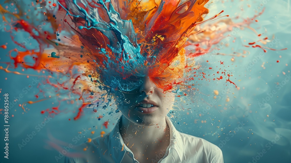 Colourful splash in a woman head, vibrant explosion