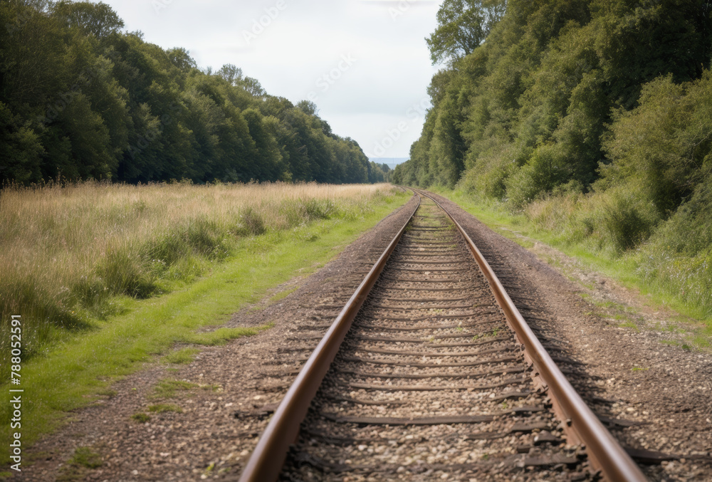 A forgotten railway track fading into the countryside, its wooden sleepers weathered and worn, surrounded by the quiet beauty of nature reclaiming its territory.. AI generated.