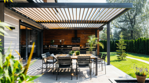 A large patio with a wooden pergola and a grill. The patio is set up for a dinner party with a long table and chairs