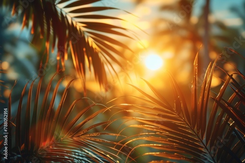 Sunlight filtering through lush tropical palm leaves during golden hour creating a tranquil and dreamy atmosphere