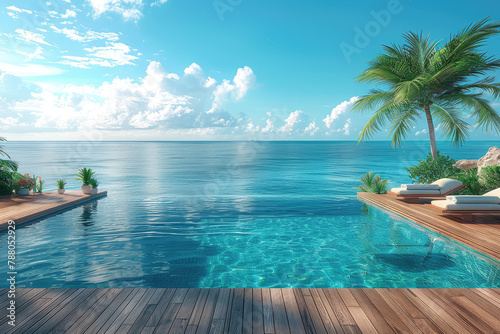 A modern house with an infinity pool overlooking the ocean  surrounded by palm trees and rocks. Created with Ai
