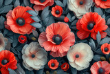 3D red and pink flowers, leaves on a grey background with a white wall art. Created with AI