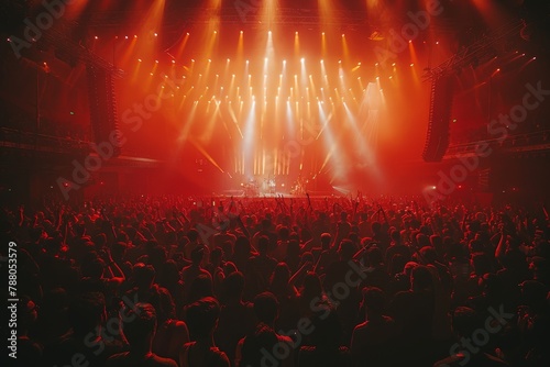 Dynamic wide-angle view of a concert hall with enthusiastic fans and impressive stage lighting