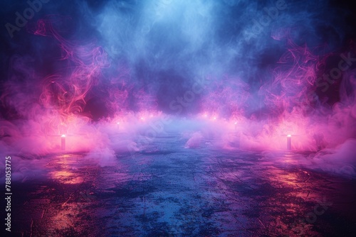 A dramatic scene of a dark road dramatically lit by purple neon lights and shrouded in fog