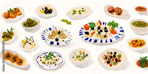 a set of Mediterranean food, served on plates