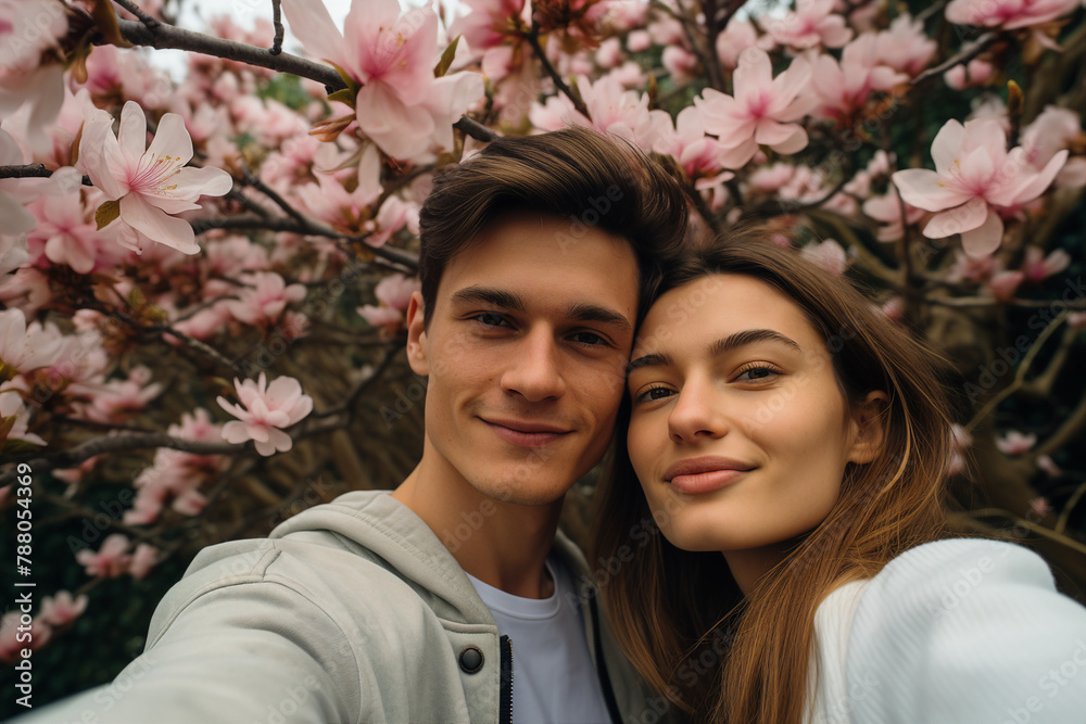 Happy people enjoying beautiful spring day park trees blossom city view Generative AI illustration Happy people enjoying beautiful spring day park trees blossom city view Generative AI illustration
