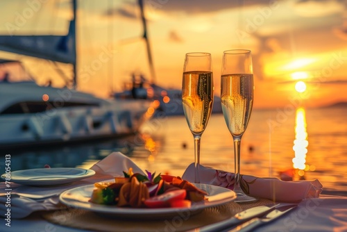 Intimate beach dinner at sunset with champagne ocean view and yachts in background Ideal for honeymoon or relaxation © VolumeThings