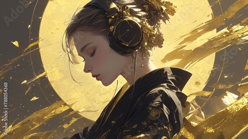 geisha with headphones and gold halo