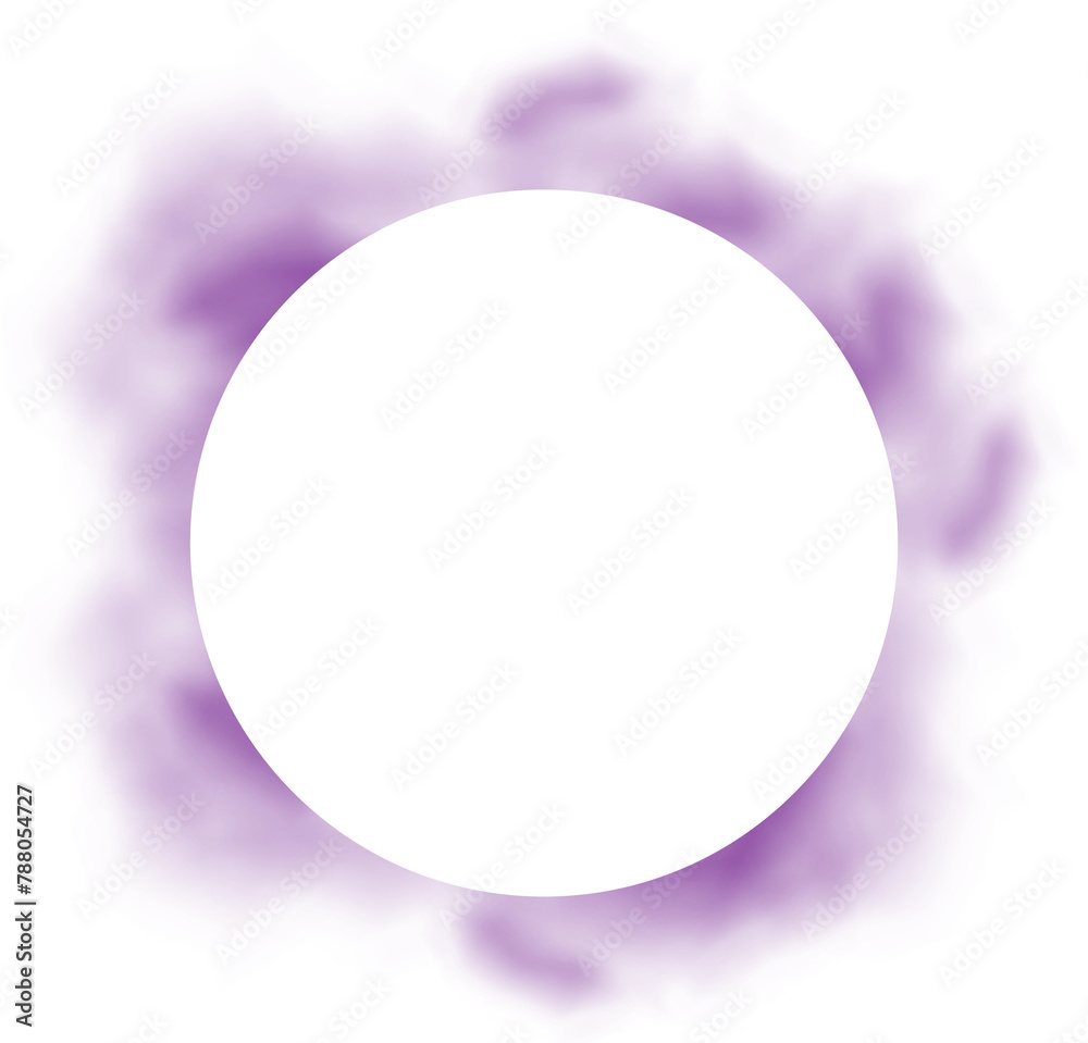Obraz premium Circle cloud frame. Purple round steam fluffy air shape. Abstract realistic smoke border. Cloudy tunnel effect with space illustration