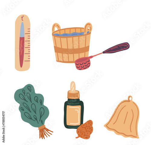 Flat design set of sauna equipment