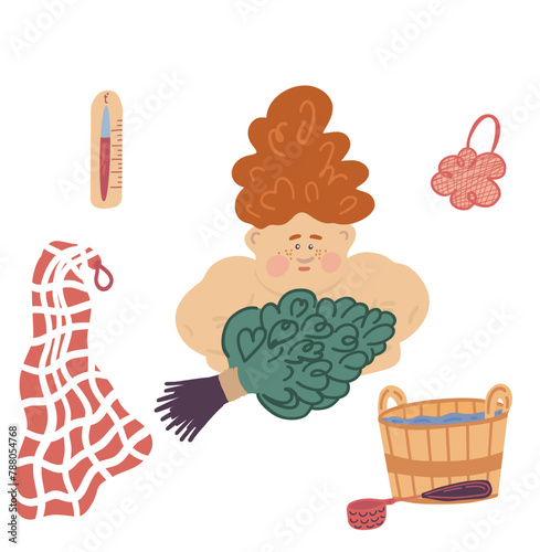 Girl cartoon flat design sauna equipment set