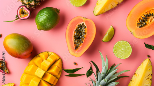 Fototapeta Naklejka Na Ścianę i Meble -  A colorful assortment of fruits including mangoes, pineapples, and limes are spread out on a pink background