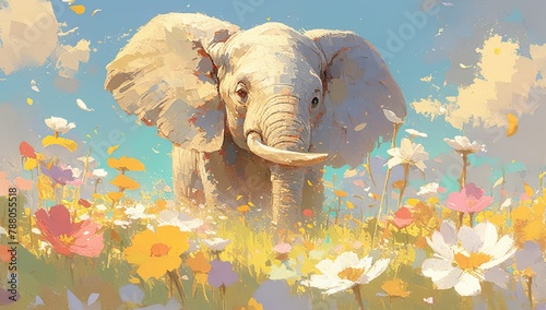 oil painting of an elephant in the middle, surrounded in the style of colorful flowers