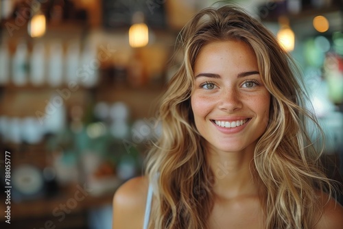 Captivating young woman with an engaging smile in a bright cafe, showcasing a light-filled ambiance