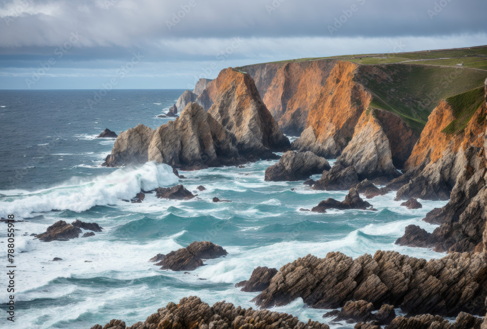 The rugged coastline stands defiant against the relentless assault of crashing waves, its towering cliffs bearing witness to the eternal struggle between land and sea.. AI generated. The rugged coastline stands defiant against the relentless assault of crashing waves, its towering cliffs bearing witness to the eternal struggle between land and sea.. AI generated.