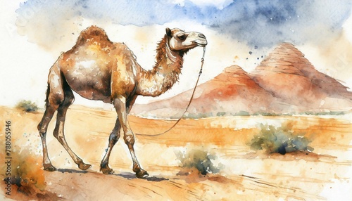 A camel walking in the desert drawn with watercolor