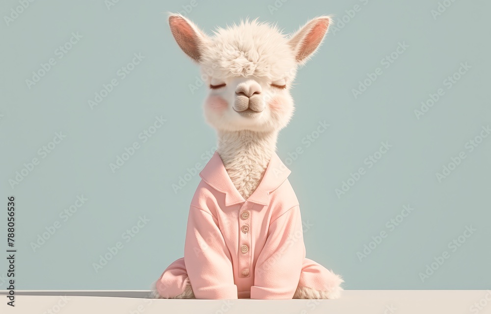 Fototapeta premium alpaca sitting in yoga pose, wearing pastel pink pyjamas on plain light blue background, high resolution photography --ar 47:30 --stylize 750 --niji 6 Job ID: 1b42fe30-2d89-4ac4-b46b-d283a255c952