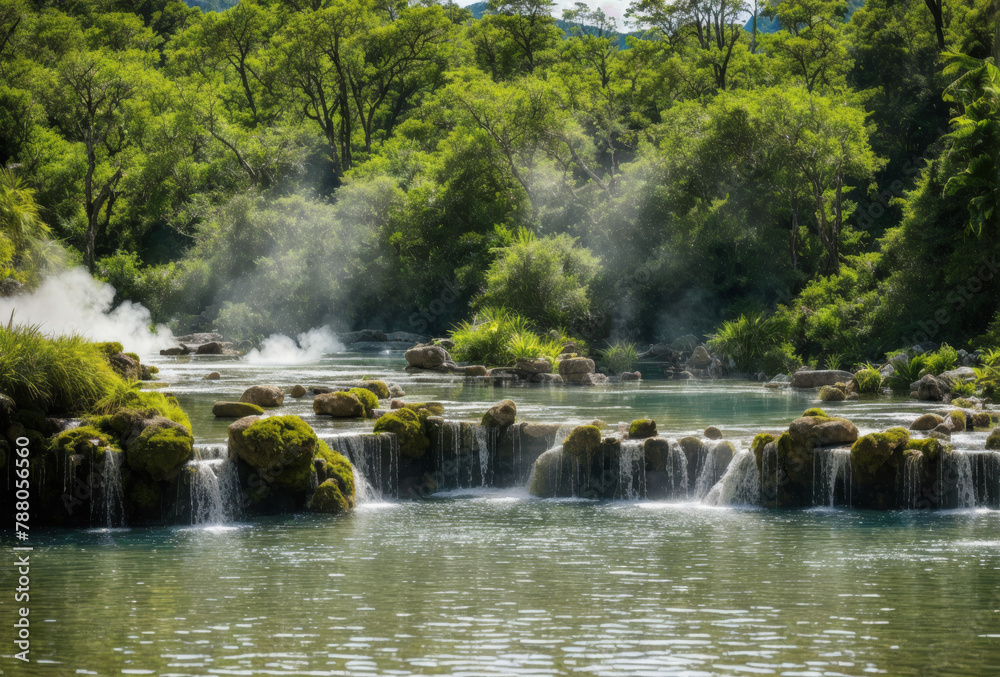 A tranquil scene unfolds as steam rises from the bubbling natural hot spring pool, surrounded by lush vegetation and echoing with the soothing sound of running water.. AI generated.