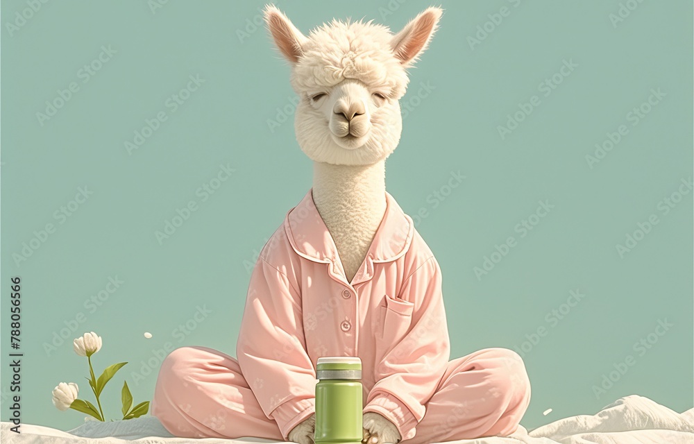 Naklejka premium alpaca sitting in yoga pose, wearing pastel pink pyjamas on plain light blue background