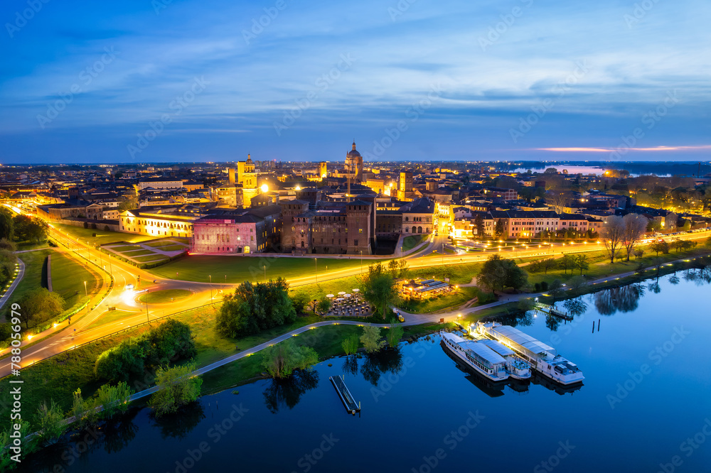 Aerial cityscape with Castle of Saint George and Mantua River at night, Mantua, Lombardy, Italy Aerial cityscape with Castle of Saint George and Mantua River at night, Mantua, Lombardy, Italy