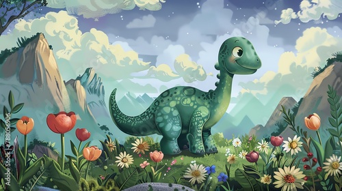 A green dinosaur stands in a field of flowers. There are mountains in the background. The dinosaur is smiling and looks happy. © Naraksad