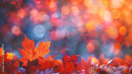 Autumn background with maple leaves and bokeh defocused lights
