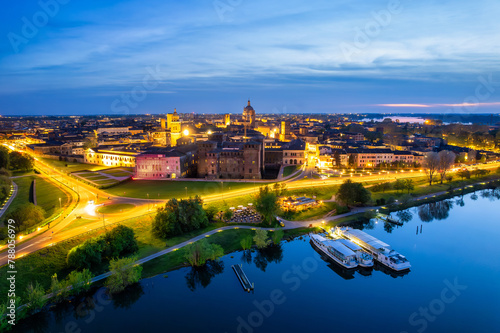 Aerial cityscape with Castle of Saint George and Mantua River at night, Mantua, Lombardy, Italy photo
