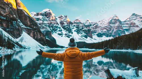 man in yellow jacket and hat on the background of snow-capped mountains
