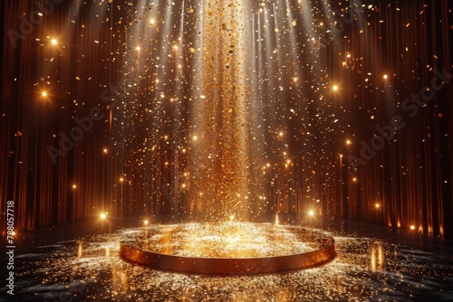 Captivating scene of a glittering golden circular stage with sparkles falling from above in a theatrical setup