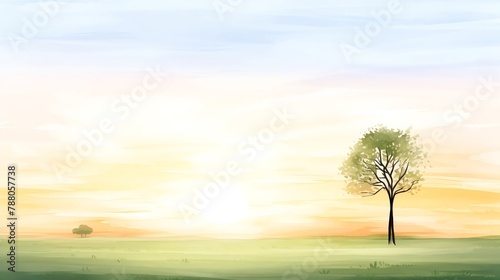 Field Sunset, Wide-open field with the sun setting behind a lone tree photo