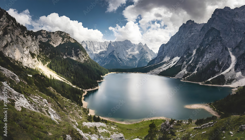 Lake in the Middle of Mountains. Generative AI.