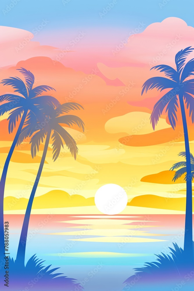 Tropical Sunset, Palm silhouettes against a dramatic, colorful tropical sunset