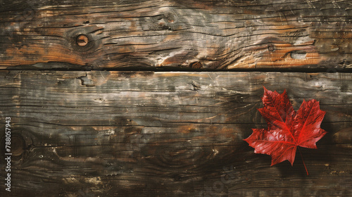 Red maple leaf on rustic wooden background with copyspace