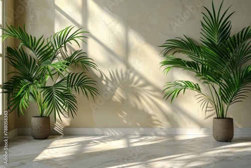 An indoor setting with two lush palm plants casting dramatic shadows on a wall  bathed in warm sunlight